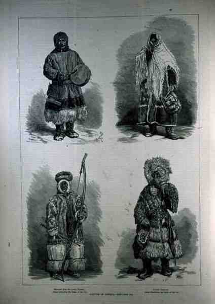 Domorodci ze Sibiře: Samojed z Dolního Jeneseje, Samice Samojed, Ostiak obývající pánev Obi, z The Illustrated London News, 22. dubna 1882 od English School