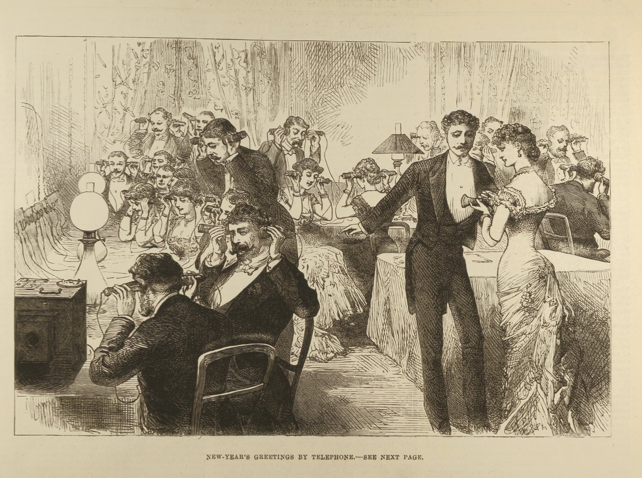 Novoroční pozdravy po telefonu, z The Illustrated London News, 7. ledna 1882 od English School