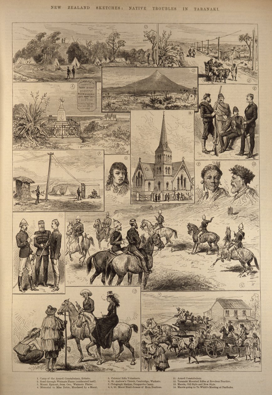 New Zealand Sketches: Native Troubles in Taranaki, z The Illustrated London News, 28. ledna 1882 od English School