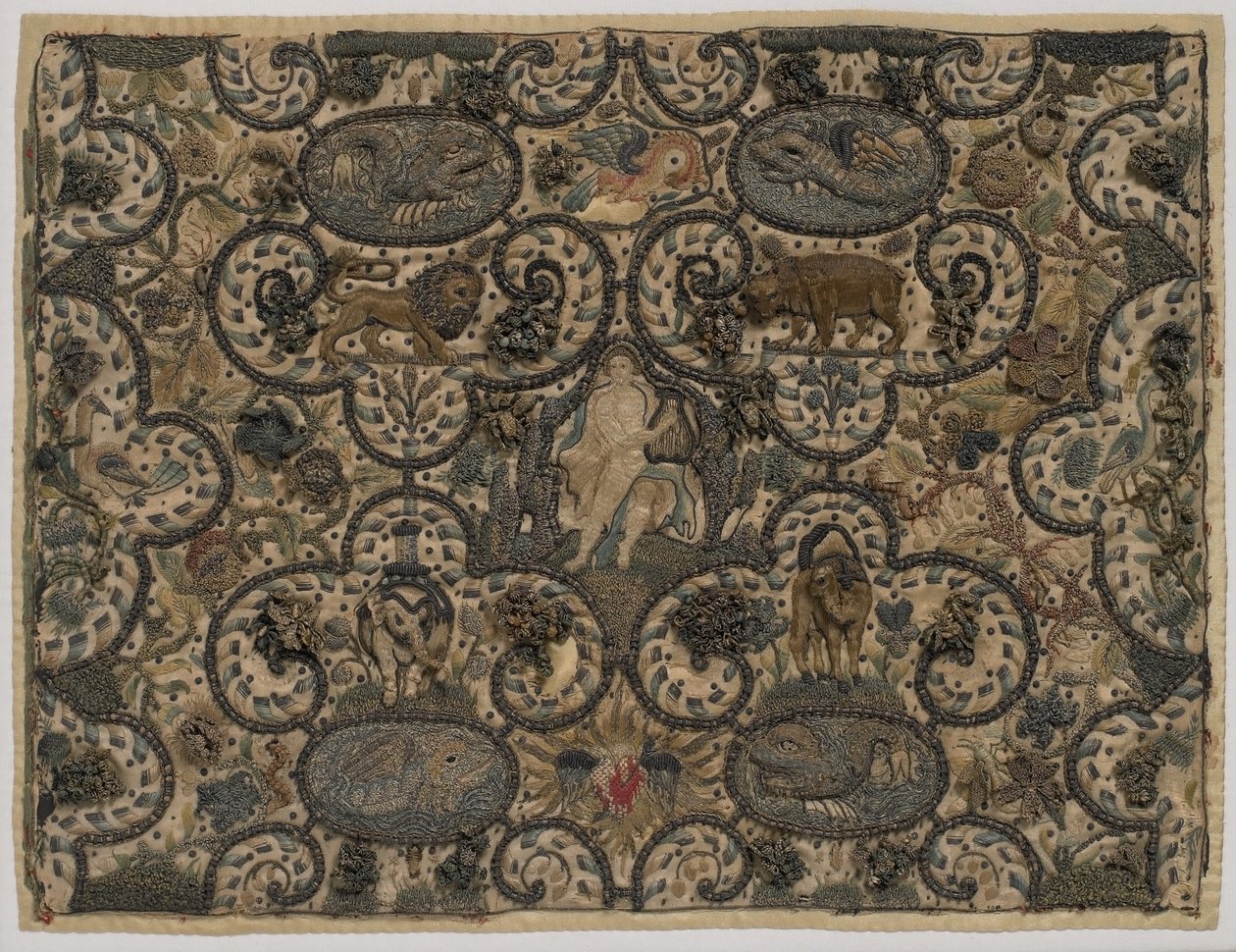 Orfeus okouzlující zvířata svou loutnovou výšivkou, kolem roku 1630 (hedvábná výšivka) od English School
