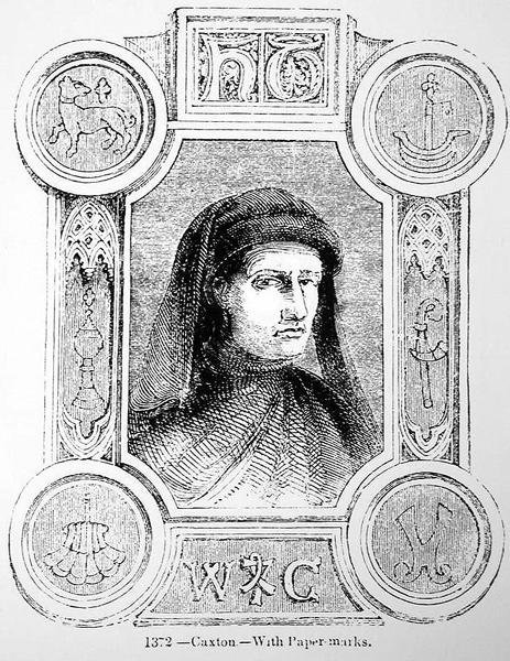 Portrét Williama Caxtona (asi 1422-91) a jeho Printers Mark od English School