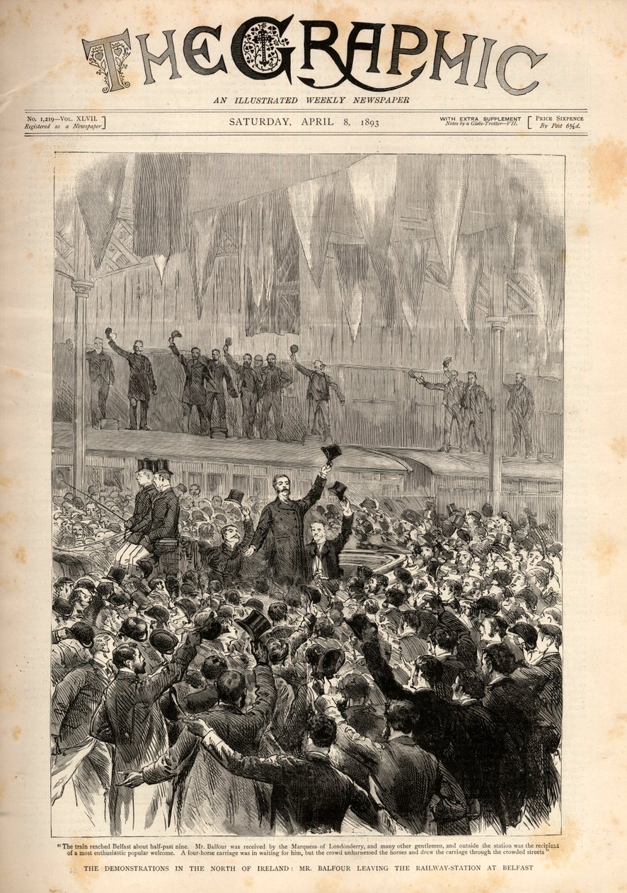 Protest proti Home Rule Bill (představeným Gladstonem) v Belfastu: Arthur James Balfour opouští železniční stanici v Belfastu. od English School