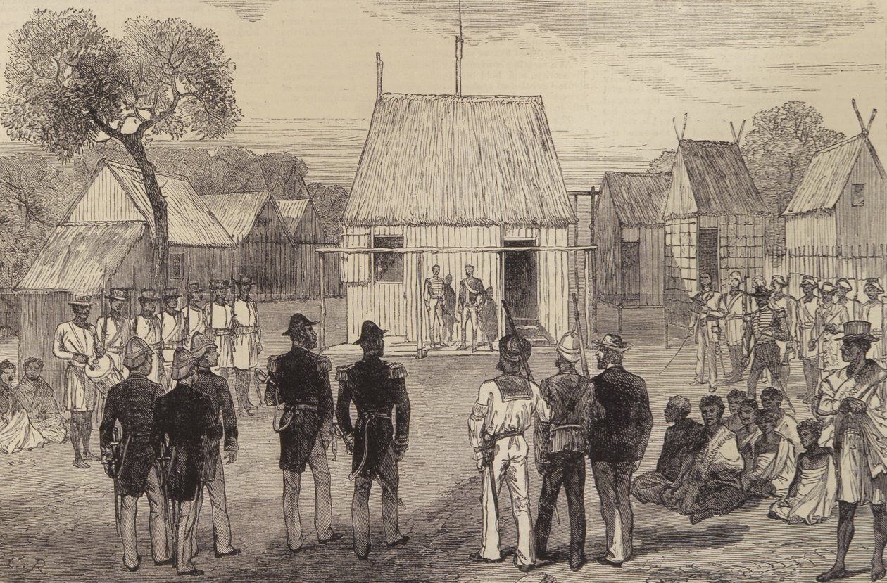 Přijetí britských námořních důstojníků domorodým guvernérem Mohabo, Madagaskar, z The Illustrated London News, 26. listopadu 1881 od English School