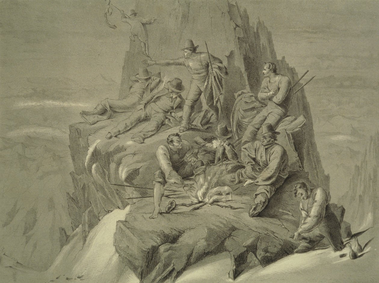 Odpočinek na římse, z deseti scén z posledního výstupu na Mont Blanc včetně pěti pohledů z vrcholku, J.D.H. Browne, publikoval 1853 od English School
