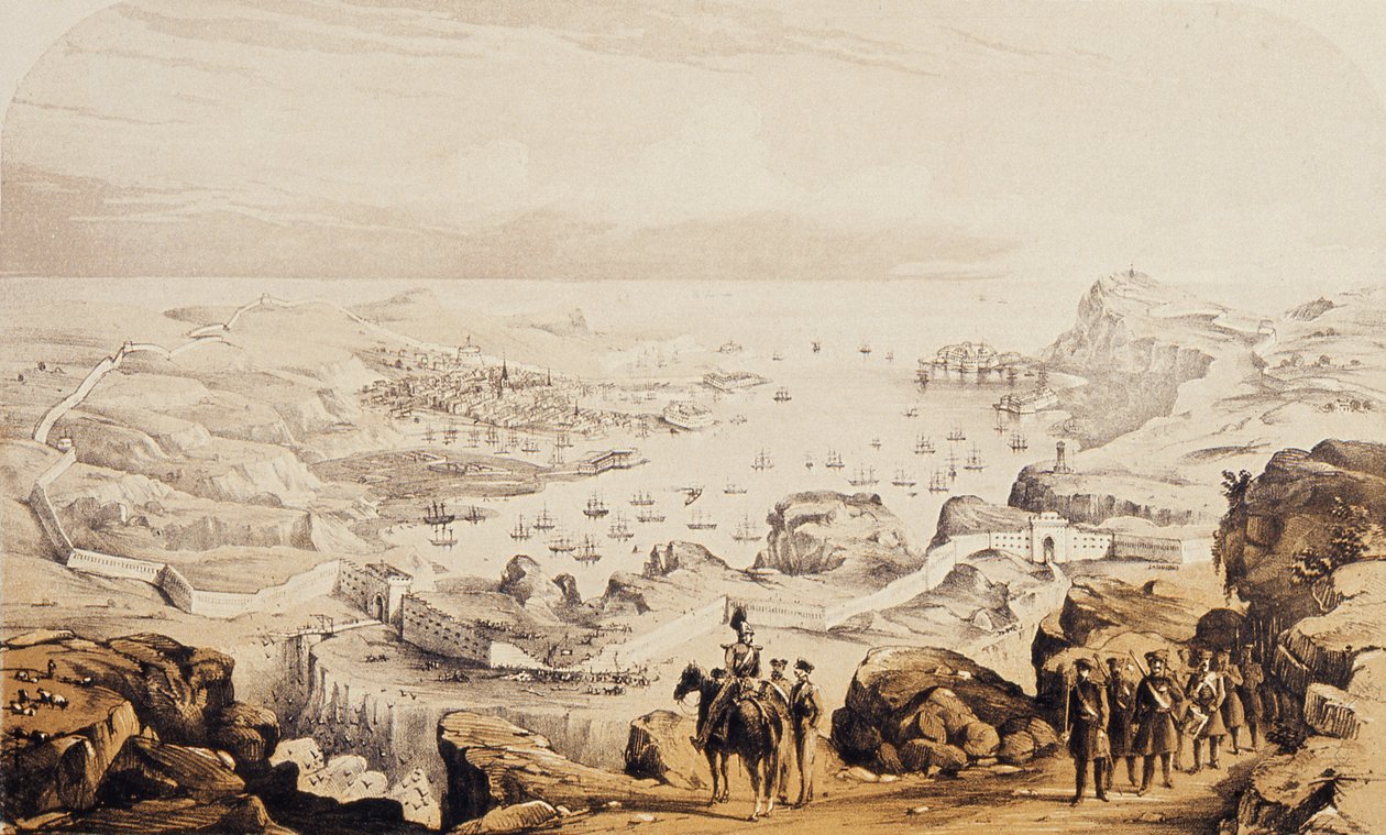 Sebastopol a opevnění nyní probíhá, 1854 od English School