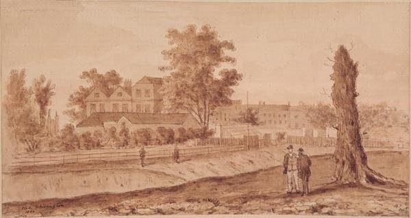 Stoke Newington Green, iniciály H.F., 1860 (sépie) od English School