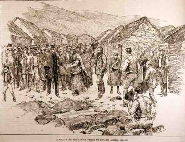 Tíseň na západě Irska: Návštěva s farářem v Dooagh, Achill Island, z The Illustrated London News, 4. října 1886 od English School