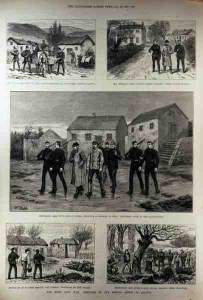 The Irish Land War: Serving Sumons on Clanricarde Estate, Woodford, County Galway, z The Illustrated London News, 15. ledna 1887 od English School