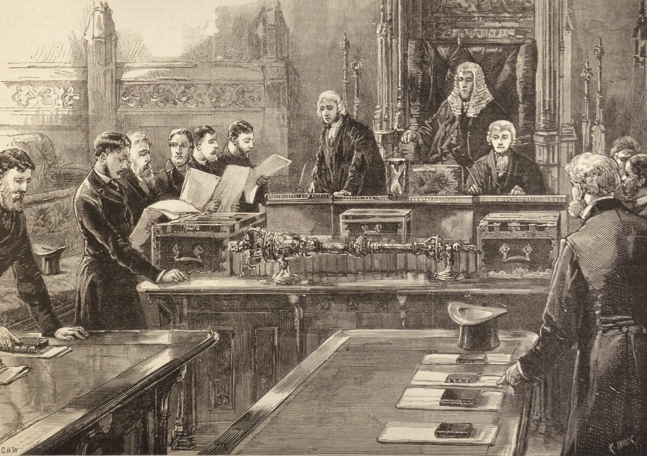 Otevření parlamentu: Členové skládající přísahu, vyryto R. Taylorem, z The Illustrated London News, 23. ledna 1886 od English School