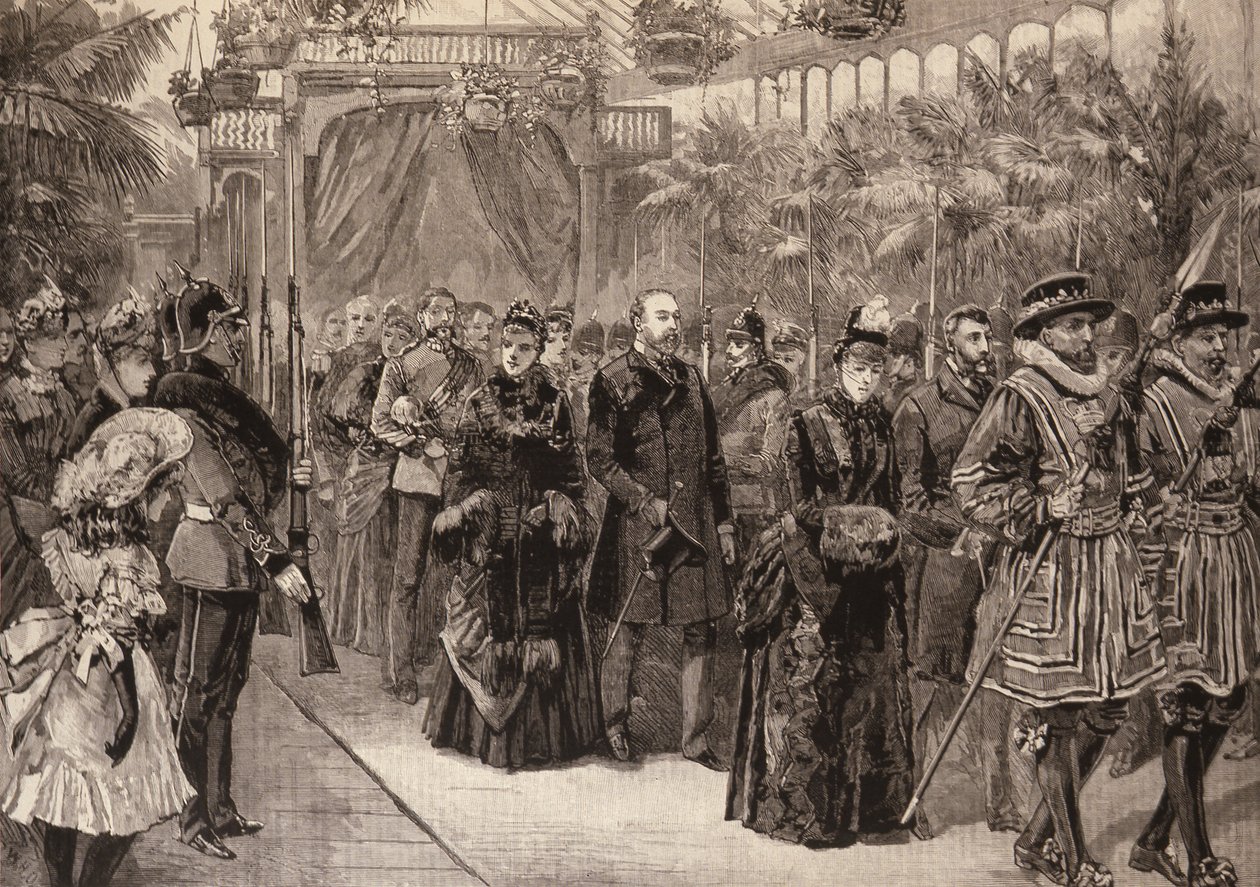 Princ a princezna z Walesu v Manchesteru: Průvod ve výstavní budově, z The Illustrated London News, 14. května 1887 od English School