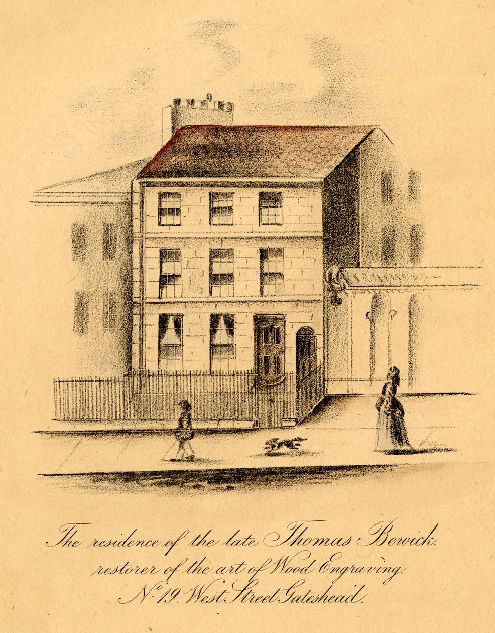 Rezidence zesnulého Thomase Berwicka, č. 19, West Street, Gateshead (dřevoryt) od English School