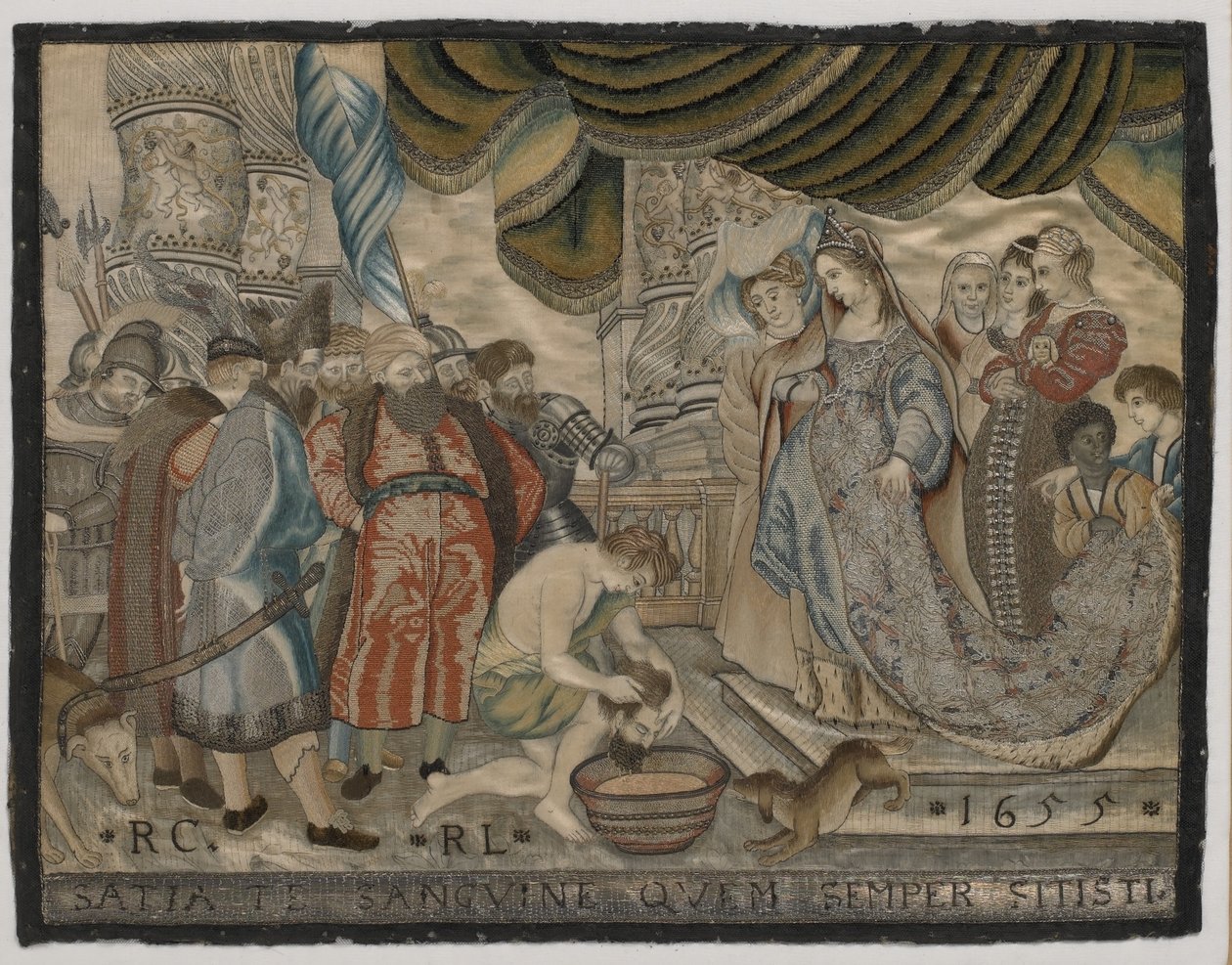 Pomsta královny Tomyris nad Cyrusem, hedvábná výšivka, kolem roku 1655 (hedvábná výšivka) od English School