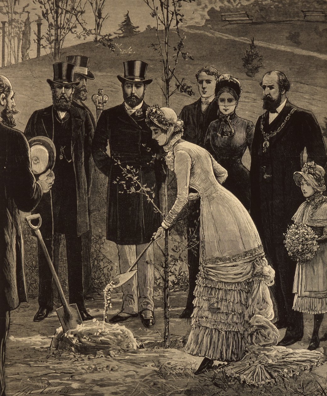 Královská návštěva Leicesteru: Princezna z Walesu sázející dub v Abbey Park, z The Illustrated London News, 10. června 1882 od English School