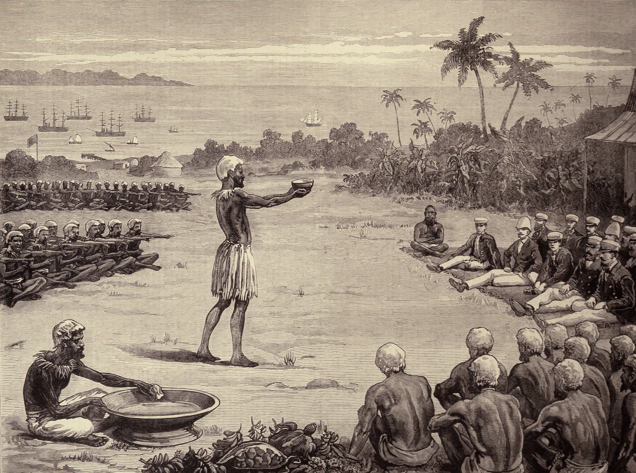 The Sailor Princes at the Fiji Islands: Incantation of the Yangona, neboli Kava Bowl, z The Illustrated London News, 7. ledna 1882 od English School