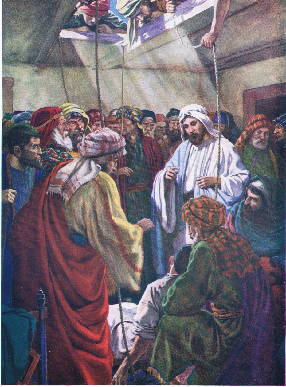 Muž se čtyřmi přáteli z knihy The Bible Picture Book vydané Thomasem Nelsonem kolem roku 1950 od English School