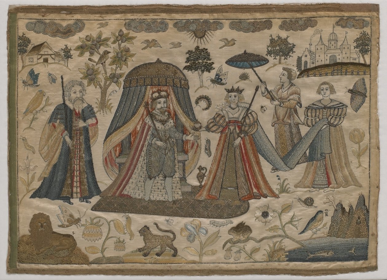 Setkání krále Šalamouna a královny ze Sáby, cca 1650 (plochá hedvábná výšivka) od English School