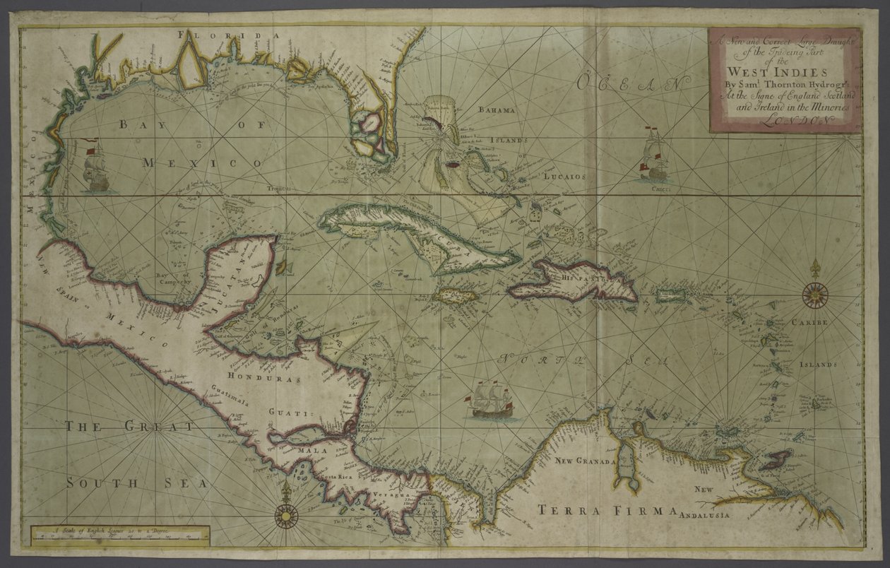Obchodní mapa Západní Indie, 1707 (ručně kolorovaný tisk) od English School