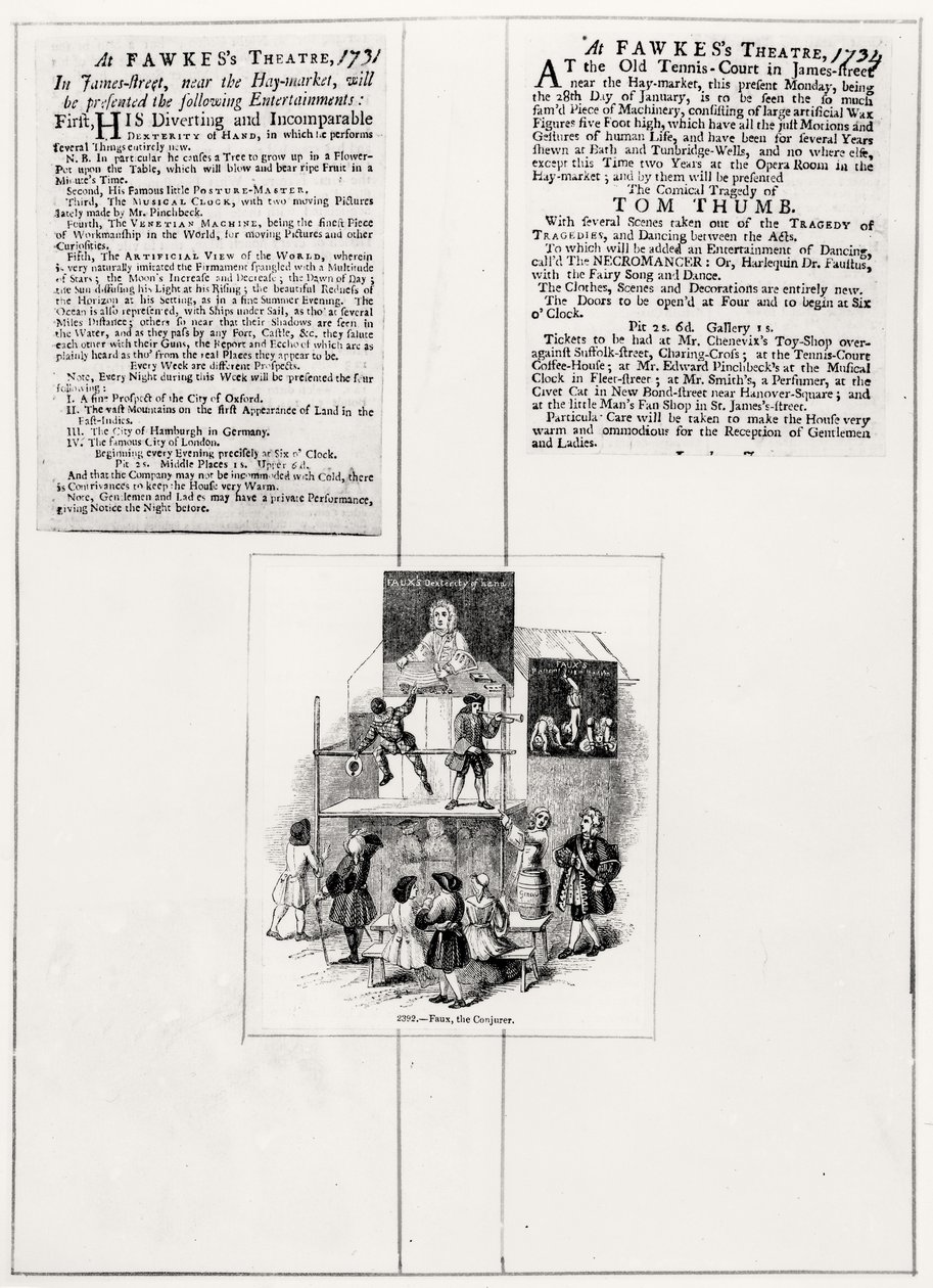 Dvě reklamy vztahující se k Faux, the Conjurer, c.1731-34 od English School