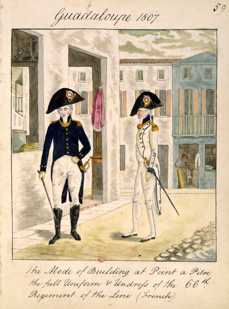 Uniformy 66. pluku linie v Pointe a Pitre, Guadeloupe v roce 1807 (wc na papíře) od English School