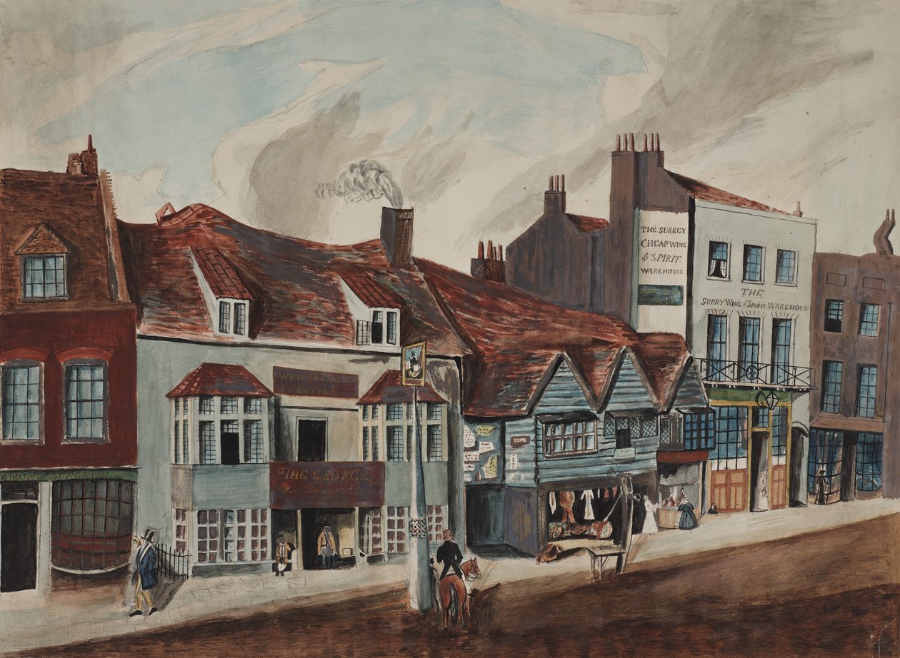 Pohled na Newington Butts, Southwark, s tavernou George a výlohami obchodů, asi 1825 (čb na papíře) od English School