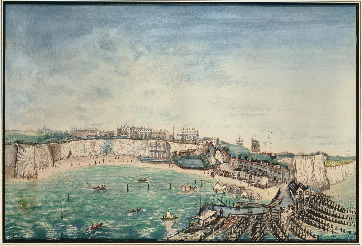 Pohled na pláž a přístav v Broadstairs, Kent, cca 1830 (wc na papíře) od English School
