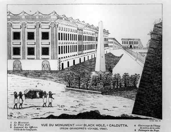 Pohled na památník Black Hole of Calcutta, z Grandpres Voyage, 1790 od English School