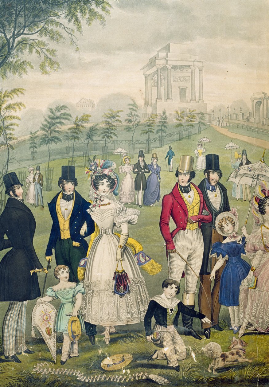 Pohled na Green Park v Londýně, zobrazující dobovou módu, detail levé strany, cca 1830 (viz také 122099) od English School
