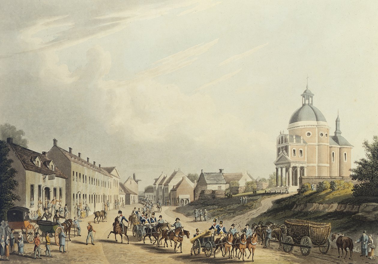 Waterloo. Převoz francouzského děla z bitevního pole, 24. července 1815 (akvatinta) od English School