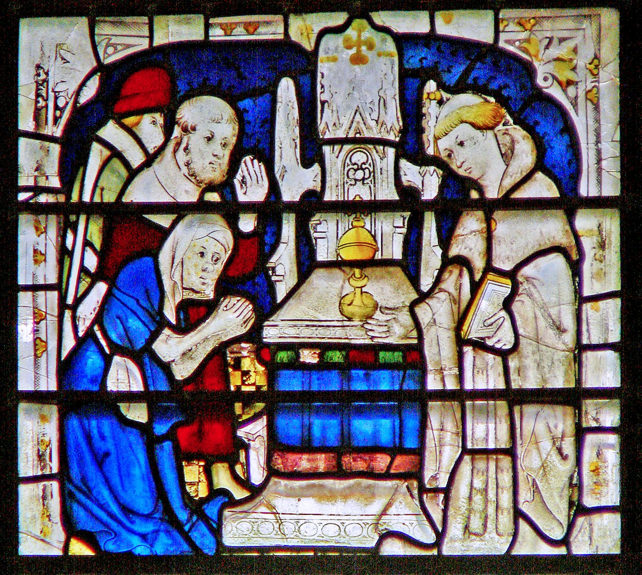 Okno zobrazující malomocnou ženu, která se modlí ve svatyni St. William Wellcome, York Minster od English School