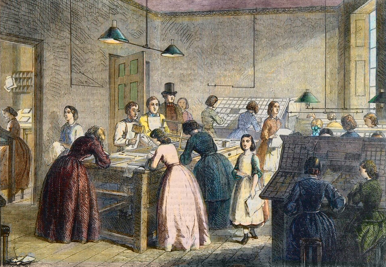 Skladatelky v tiskárně Victoria Press, Great Coram Street, Londýn, v roce 1860. od English School