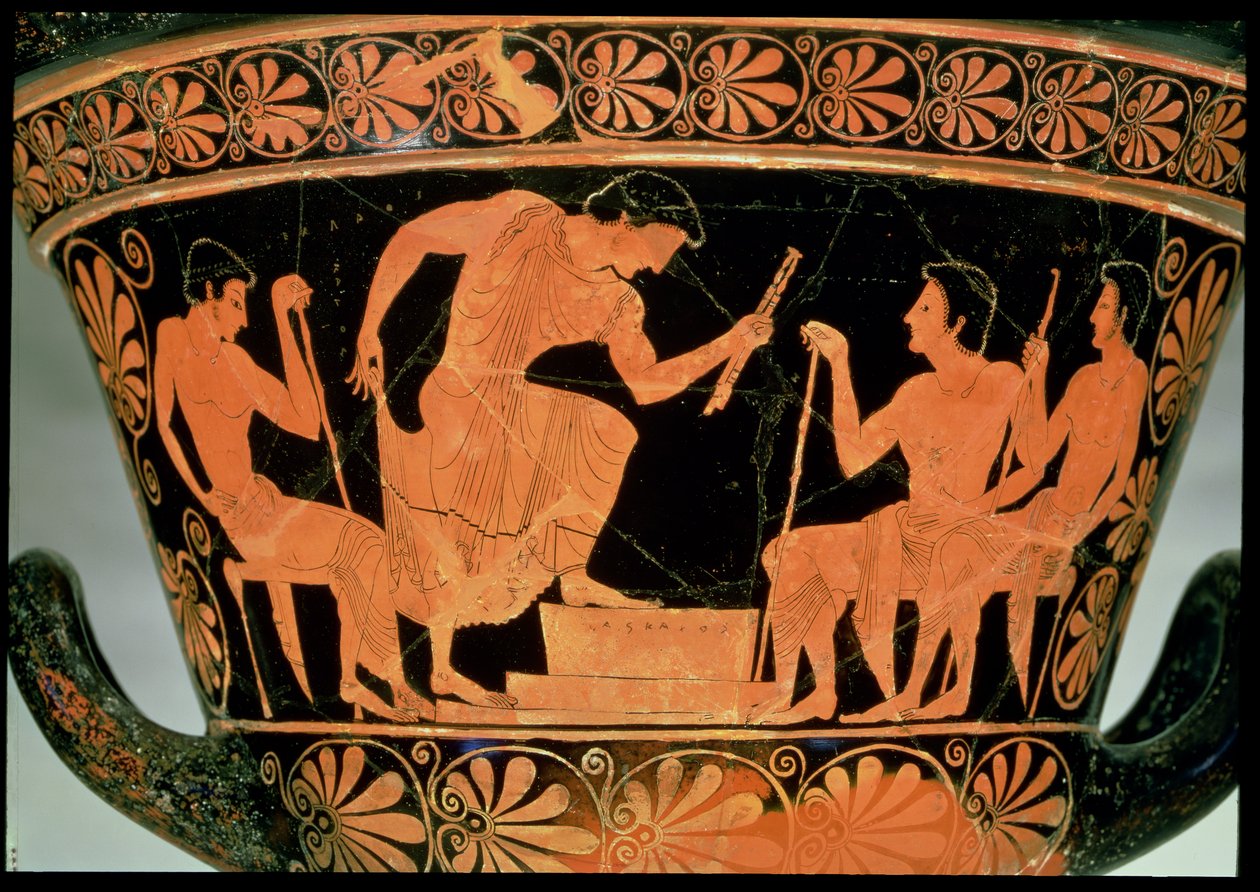 Hudební soutěž, detail z attického kalichu s červenou postavou, z Cervetri, Itálie, kolem 510 př. n. l. (keramika) (reverzní strana 92569) od Euphronios