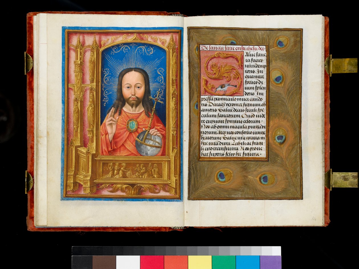 Ms 1058-1975 f.13v-14 Christ in Majesty nad panelem predella zobrazujícím svatou Veroniku zobrazující sudarium šesti věřícím, okraj z pavích per, cca 1500 od Flemish School