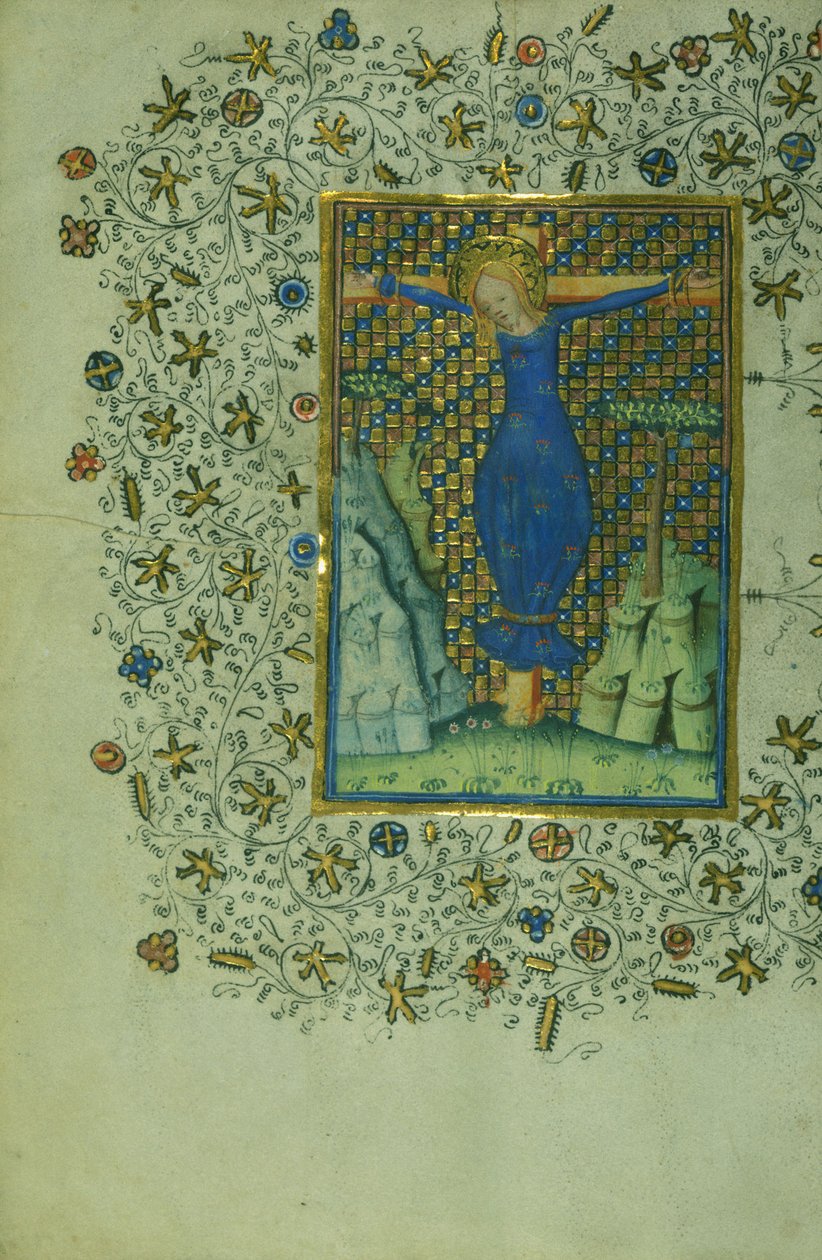 Saint Wilgefortis na kříži, kolem 1430-40 (tuš na pergamenu) od Flemish School