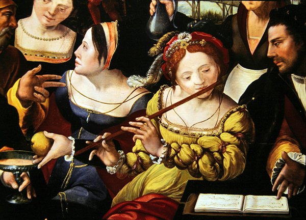 Scéna Galante před branami Paříže, detail flétnisty (detail z 216104) od Flemish School