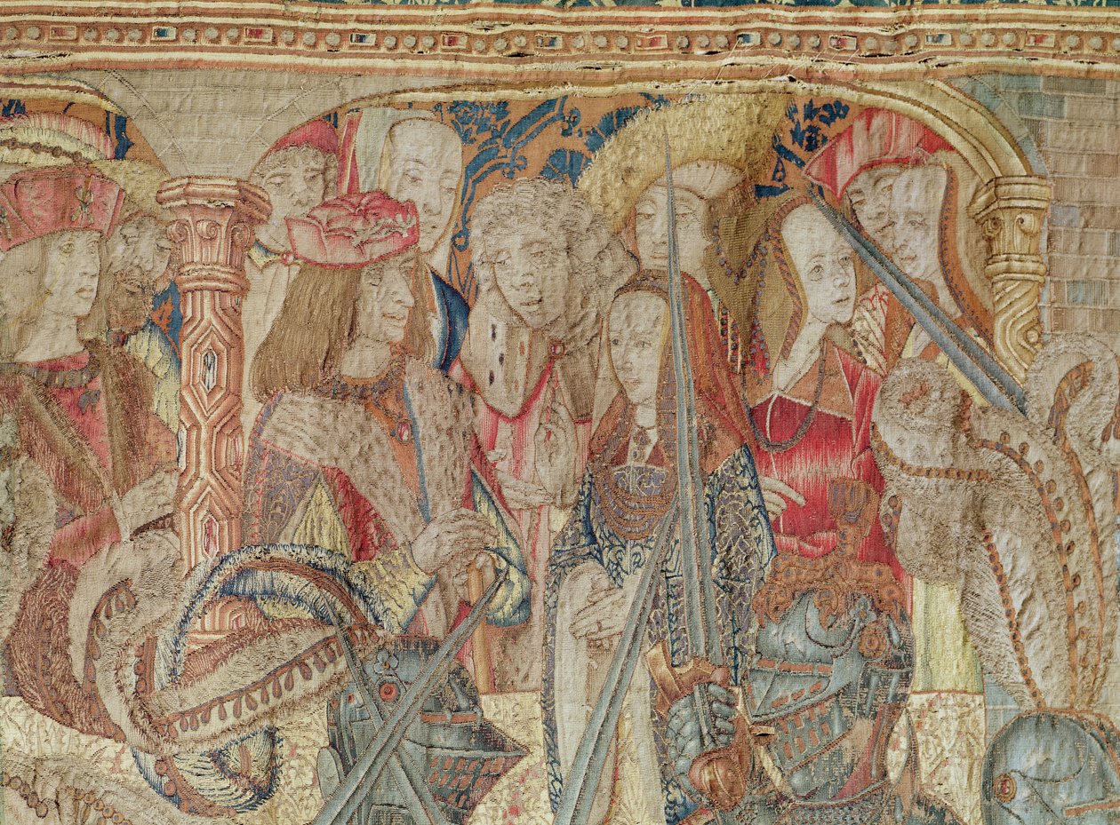 Turnaj, tapisérie na vertikálním stavu z bruselské dílny, detail tribuny s Karlem VII. (1470-98) a Annou Bretaňskou (1477-1514) kolem 1497 (viz též 156549) od Flemish School
