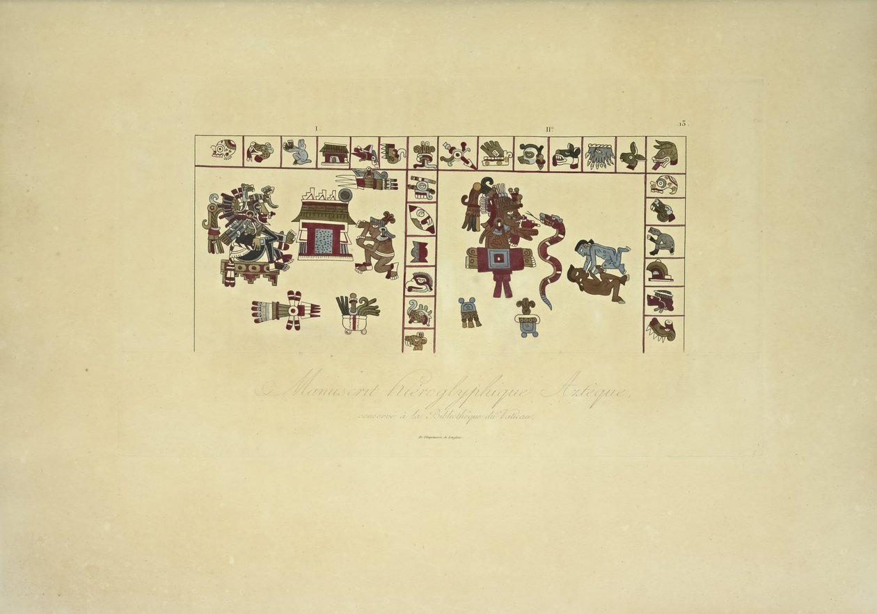 Aztécký hieroglyfický rukopis konzervovaný ve Vatikánské knihovně, ilustrace z Vues des Cordillères et Monumens des Peuples Indigènes de lAmérique od Alexandra von Humboldta a Aime Bonpland, 1813 od French School