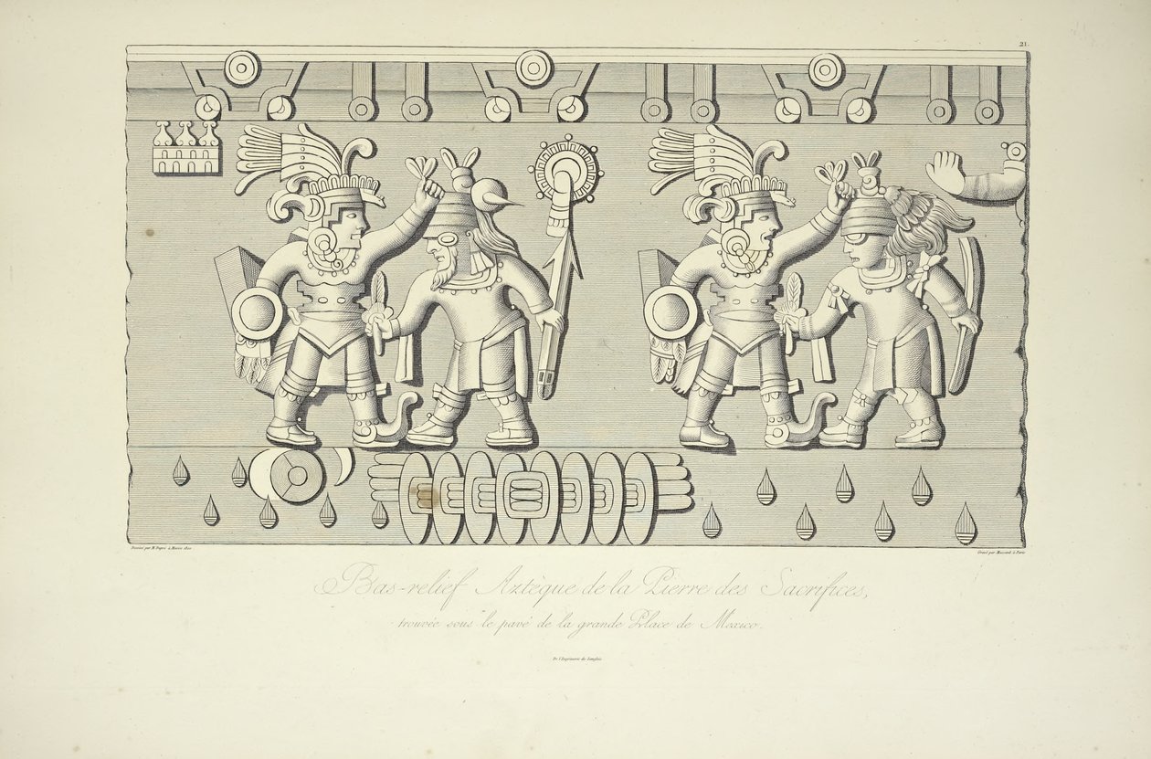 Aztécký kamenný reliéf obětí, ilustrace z Vues des Cordillères et Monumens des Peuples Indigènes de lAmérique od Alexandra von Humboldta a Aime Bonpland, 1813 od French School