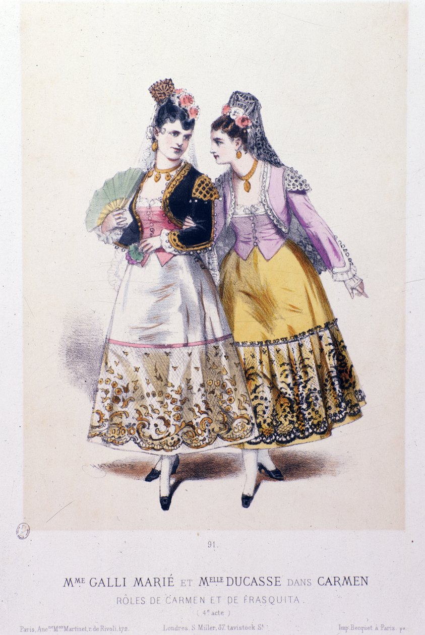 Kostýmy Marie Galli (Carmen) a slečny Ducasse (Frasquita) účinkující ve filmu Carmen of Georges Bizet od French School
