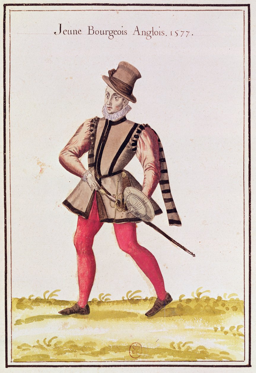 Kostýmy zemí severu - mladý anglický občan, 1577 (barevná rytina) od French School