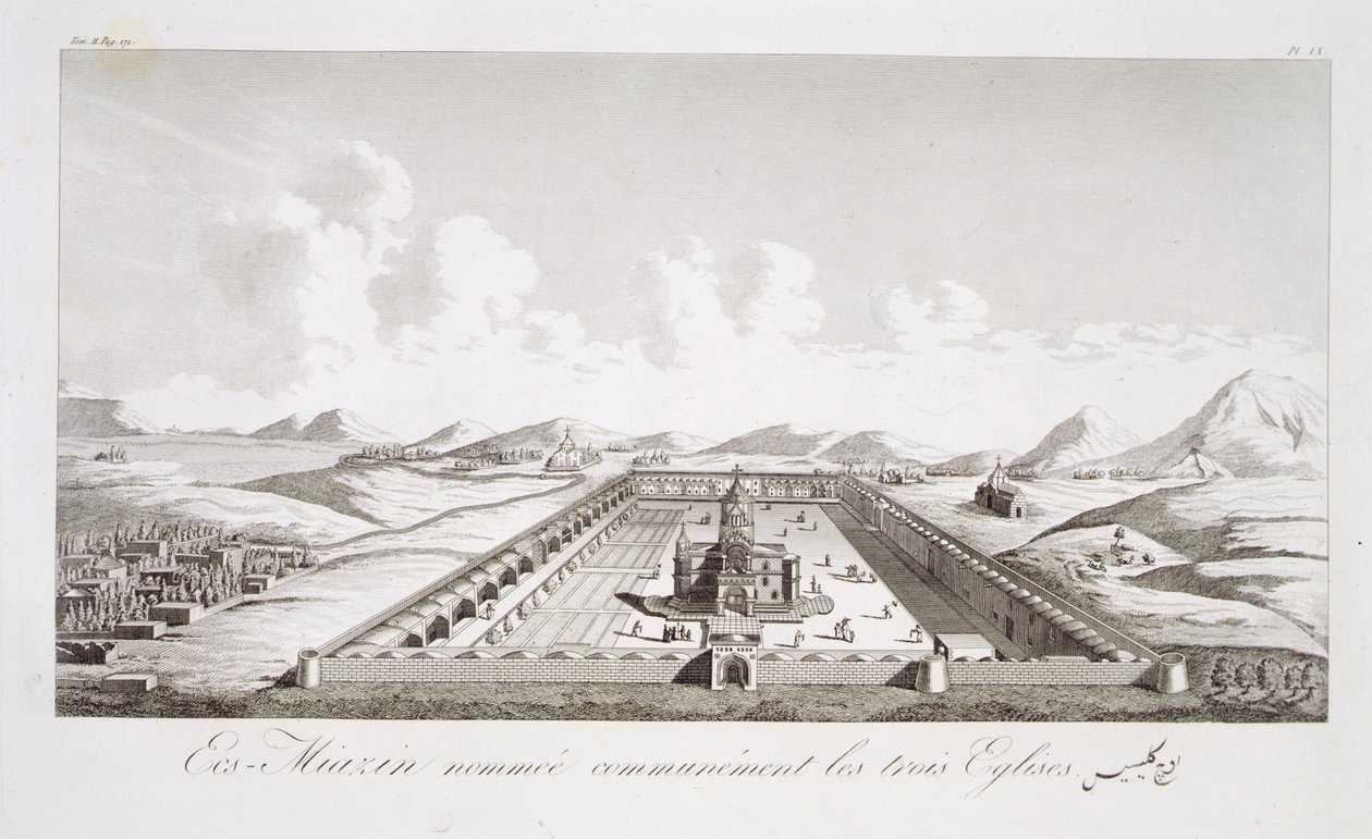 Echsmiazin, známý jako Tři kostely, z Voyages du Chevalier Chardin en Perse, et en autres Lieux d
