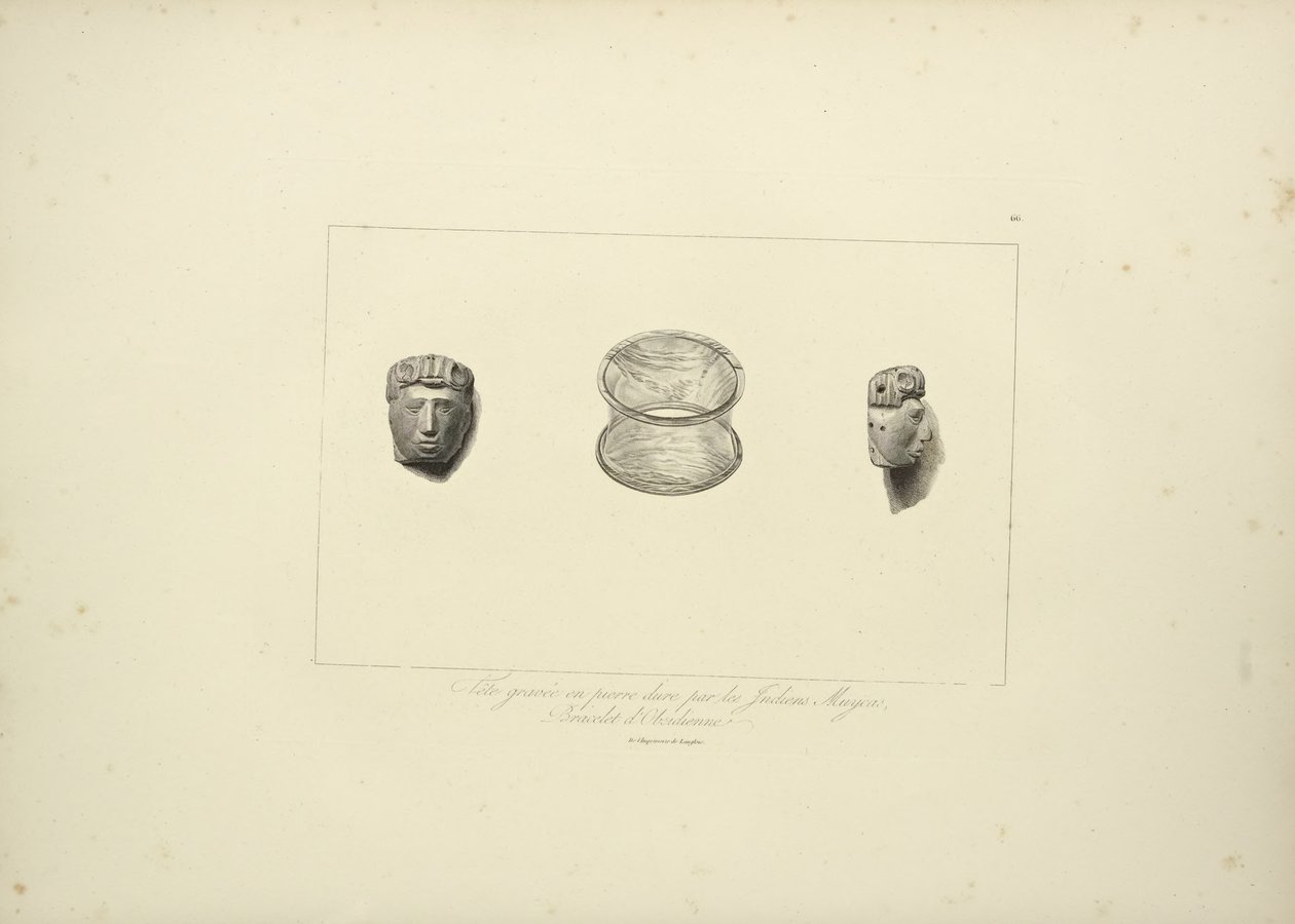 Rytá hlava z tvrdého kamene indiánů Muycas, obsidiánový náramek, ilustrace z Vues des Cordillères et Monumens des Peuples Indigènes de lAmérique od Alexandra von Humboldta a Aime Bonpland, od French School