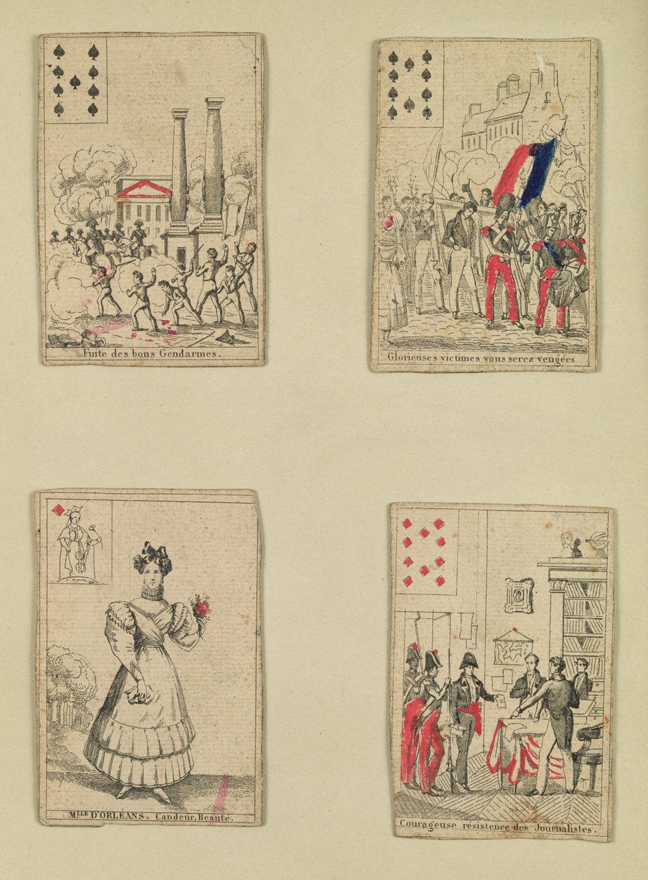 Čtyři hrací karty připomínající hrdiny července 1830, 1831 od French School