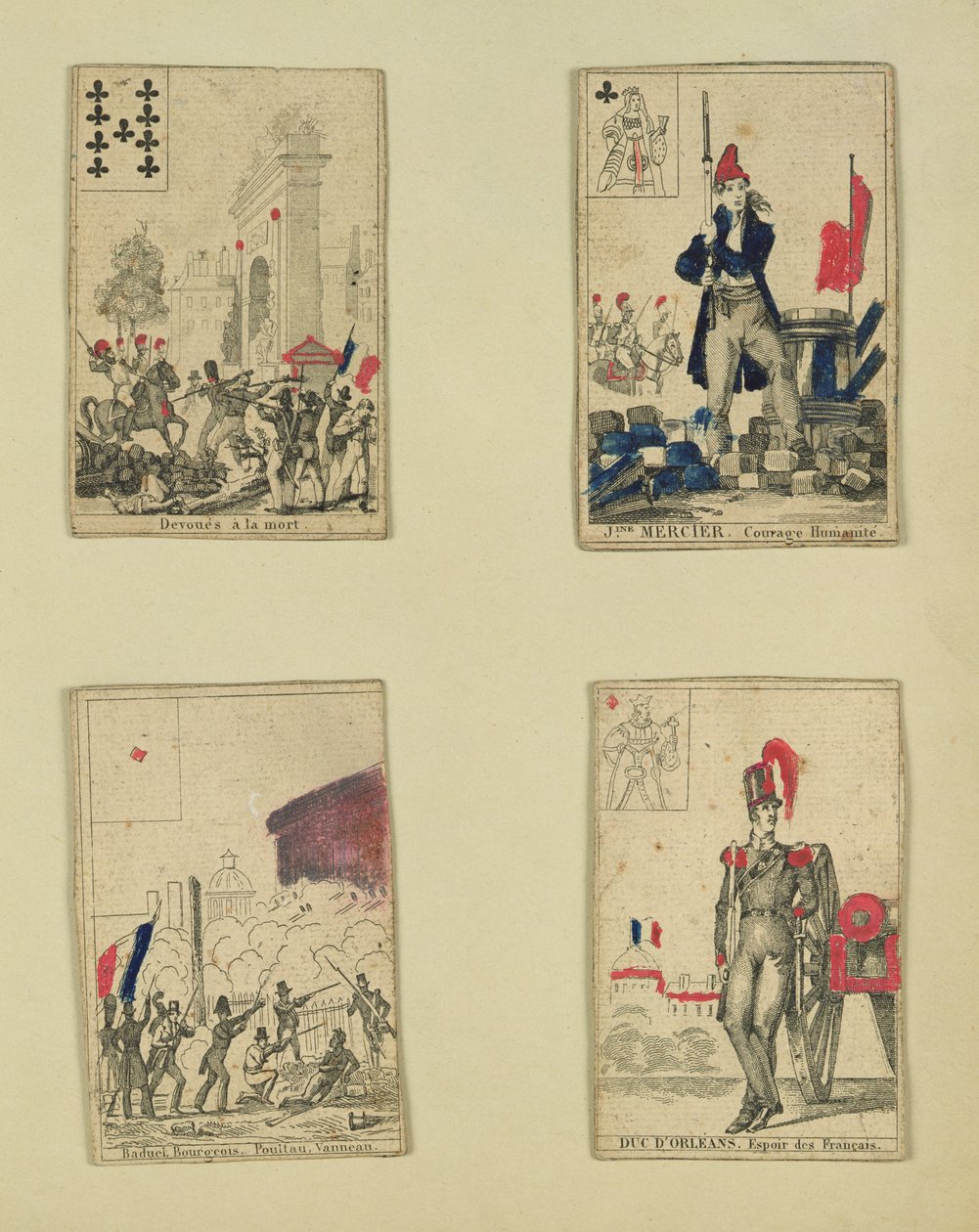 Čtyři hrací karty připomínající hrdiny července 1830, 1831 od French School