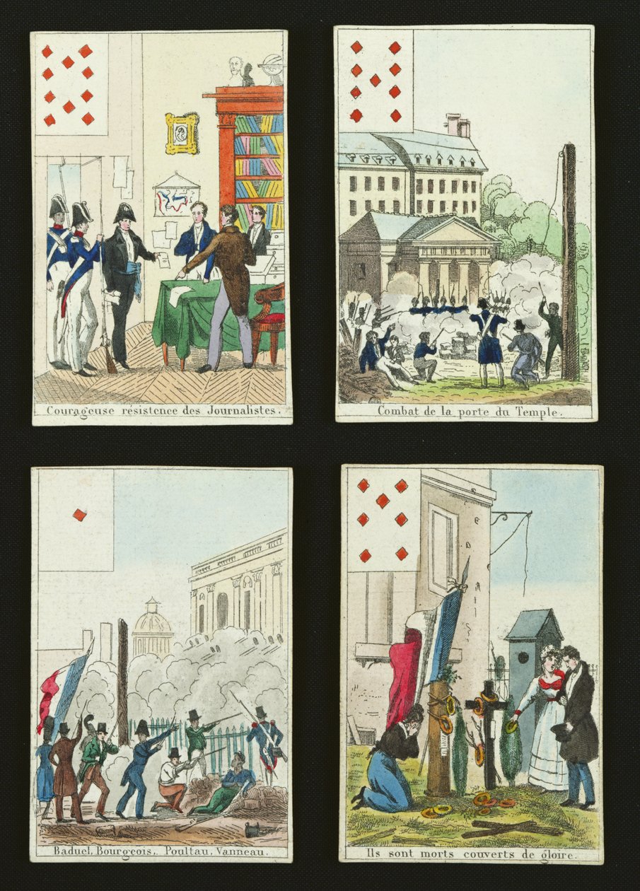 Čtyři hrací karty připomínající hrdiny července 1830, 1831 od French School