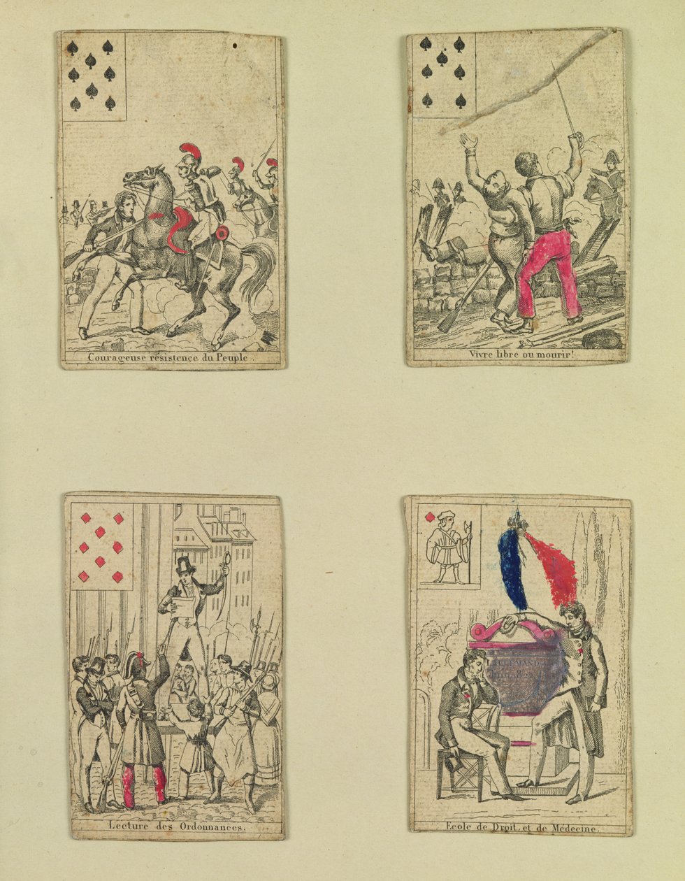 Čtyři hrací karty připomínající hrdiny července 1830, 1831 od French School