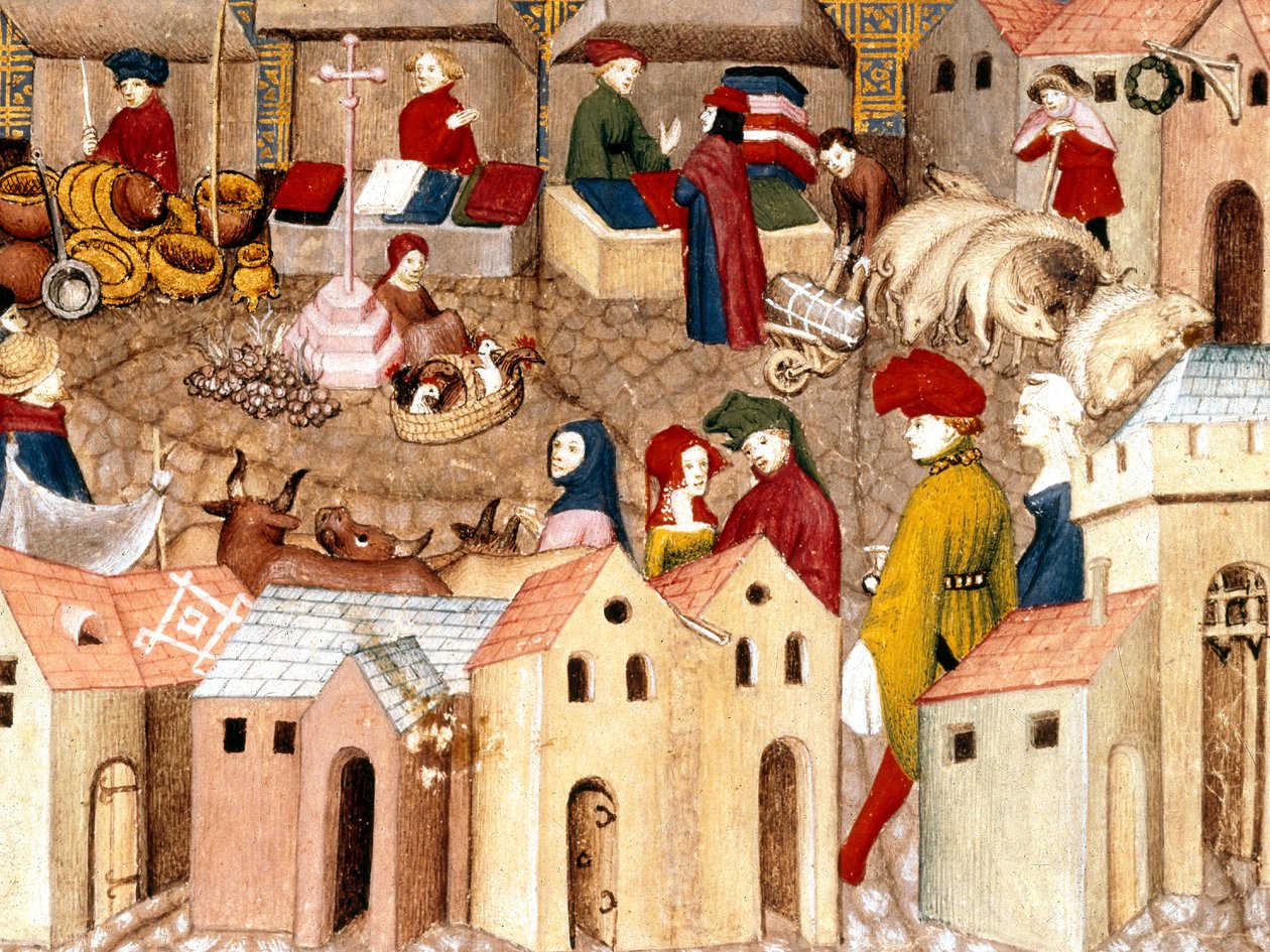 Fr 12559 fol.167 Tržiště, iluminace z Le Chevalier errant od Thomase III. de Saluces, Paříž, kolem 1400-05 od French School
