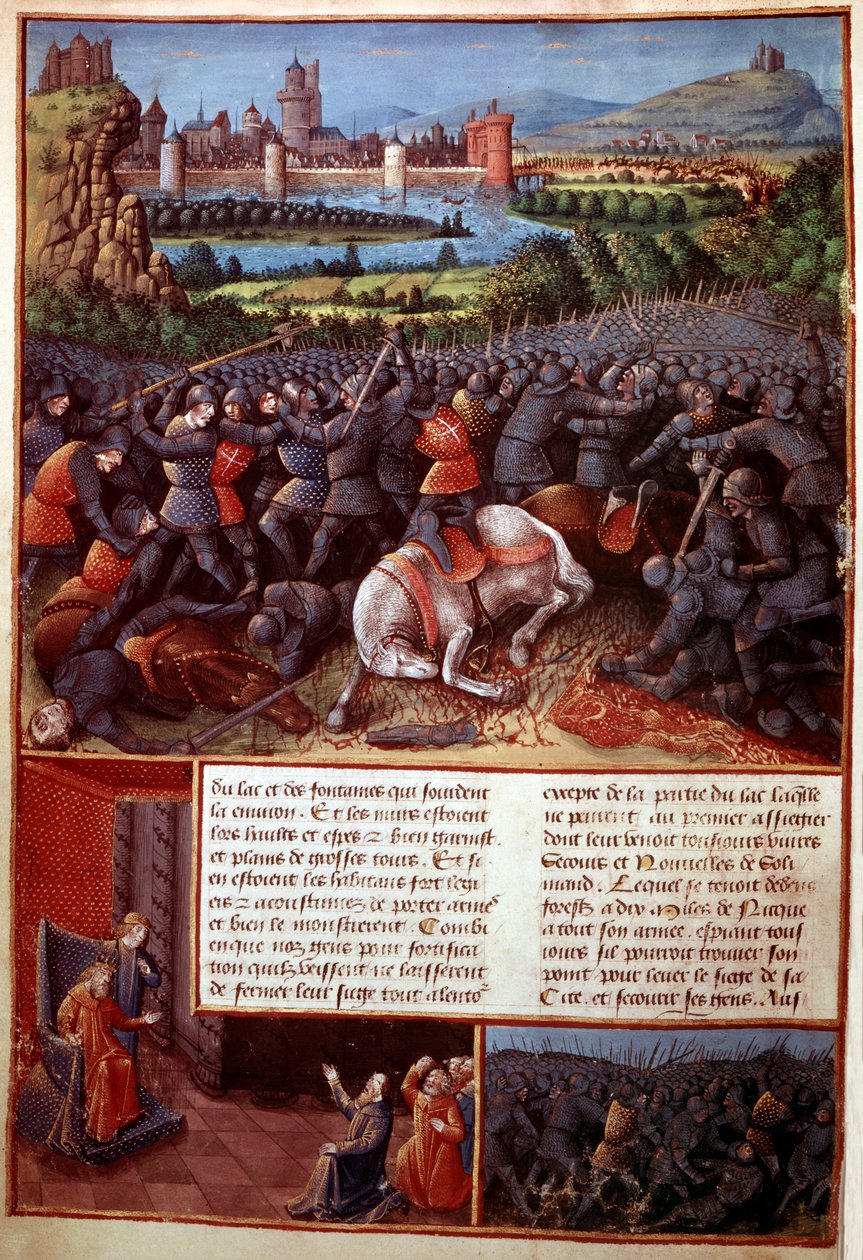 Fr 5594, f.37v Bitevní scéna, z Passages faits Outremer napsal Sebastian Marmoret, kolem roku 1490 od French School