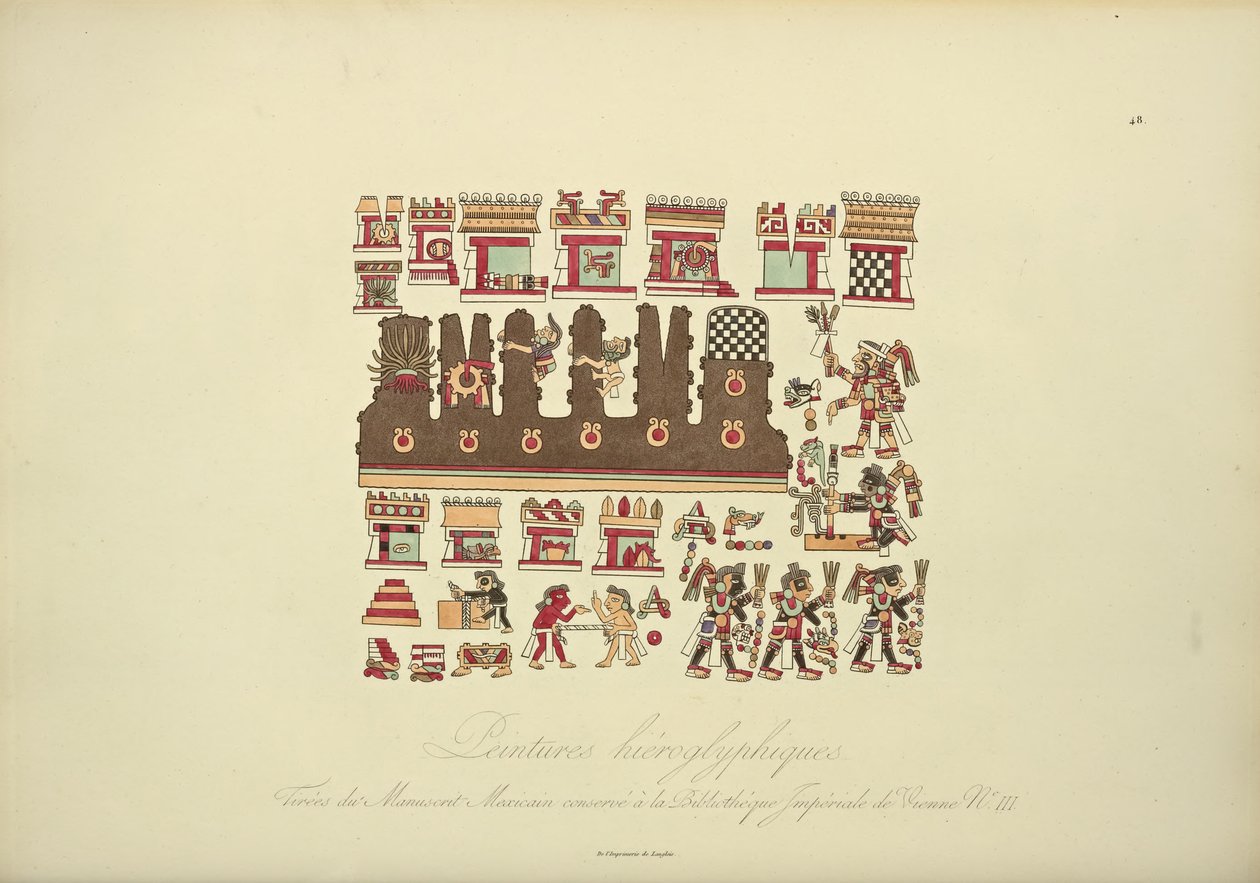 Hieroglyfické malby z mexického rukopisu III, konzervované v Císařské knihovně ve Vídni, ilustrace z Vues des Cordillères et Monumens des Peuples Indigènes de lAmérique od Alexandra von od French School