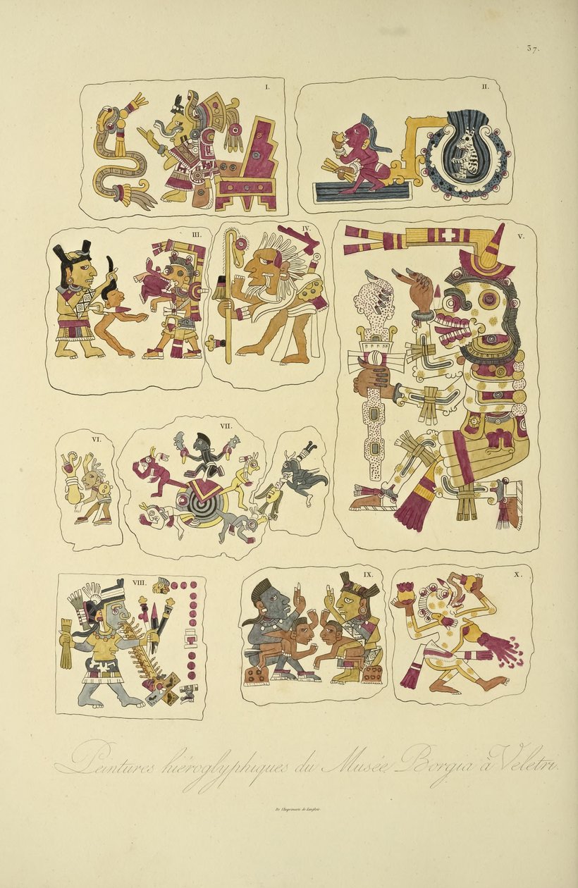 Hieroglyfické obrazy z Borgia Museum, Veletri, ilustrace z Vues des Cordillères et Monumens des Peuples Indigènes de lAmérique od Alexandra von Humboldta a Aime Bonpland, 1813 (hand-co od French School
