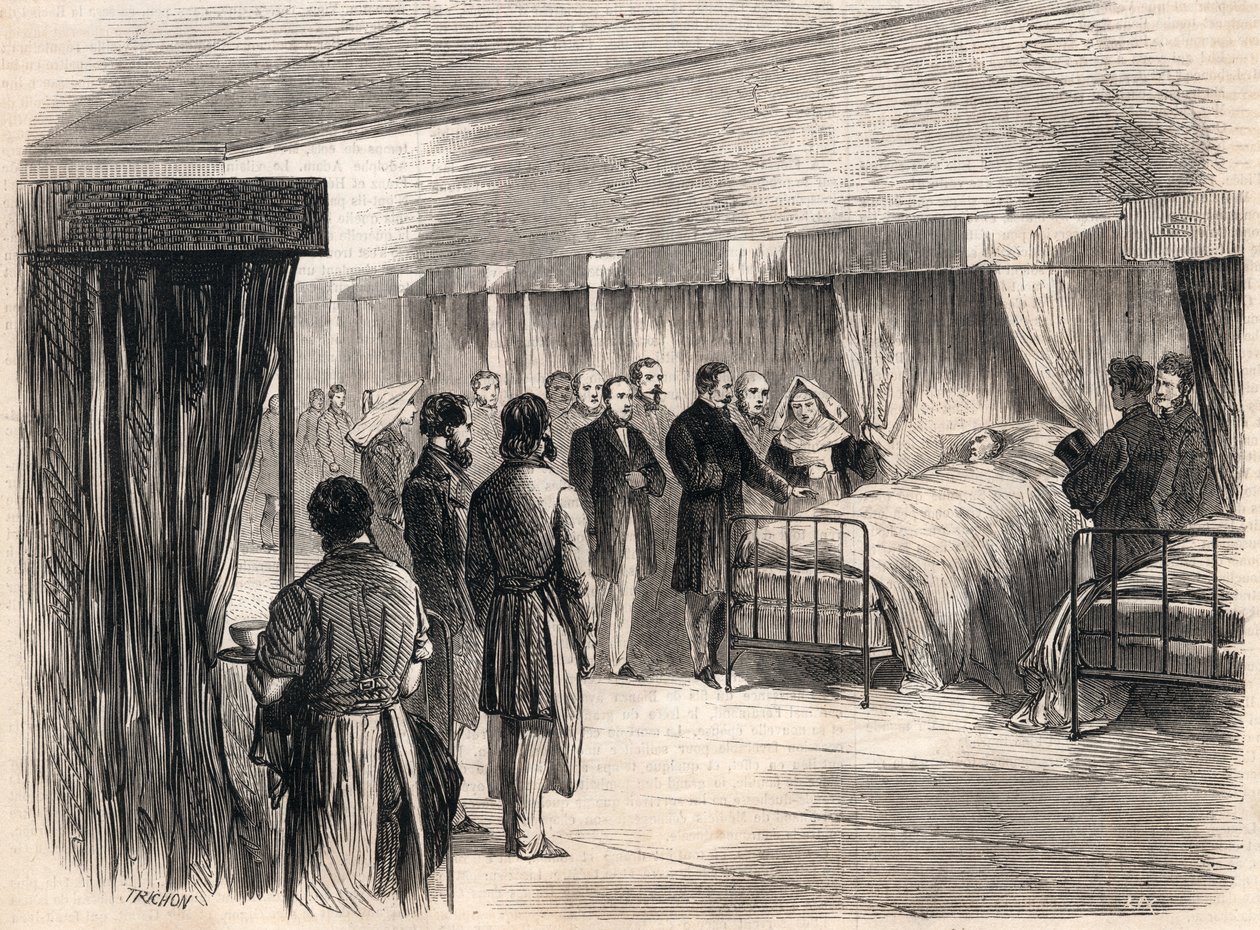 Hotel Dieu, Paříž, Francie: Napoleon III na návštěvě u pacientů trpících cholerou v roce 1865. od French School